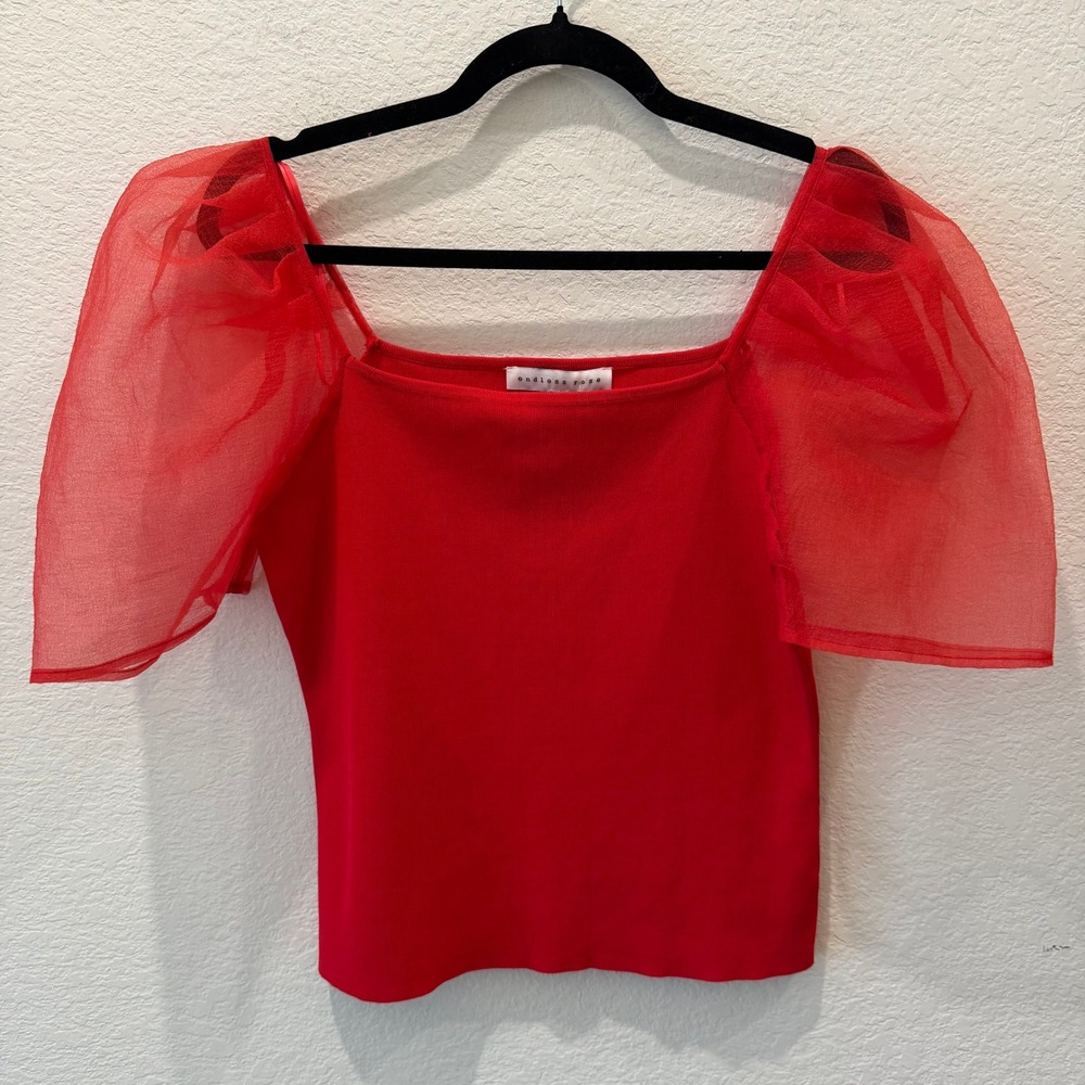 Endless Rose Red Knit Top Sheer Tulle Puff Sleeve Square Neck Size Large NWT